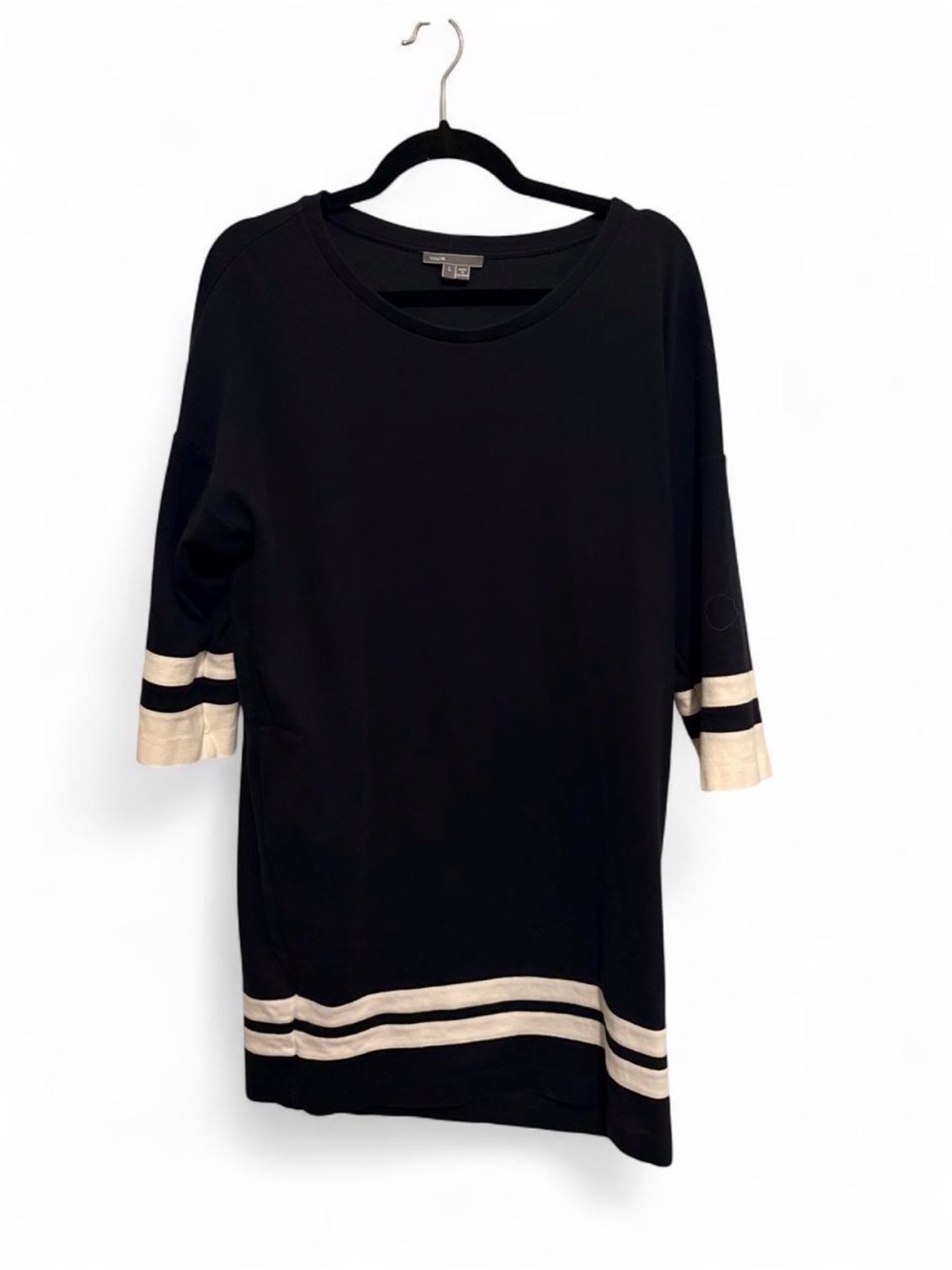 Vince Black White Striped Trim Cotton Shift Dress Size L 3/4 Sleeve Pockets